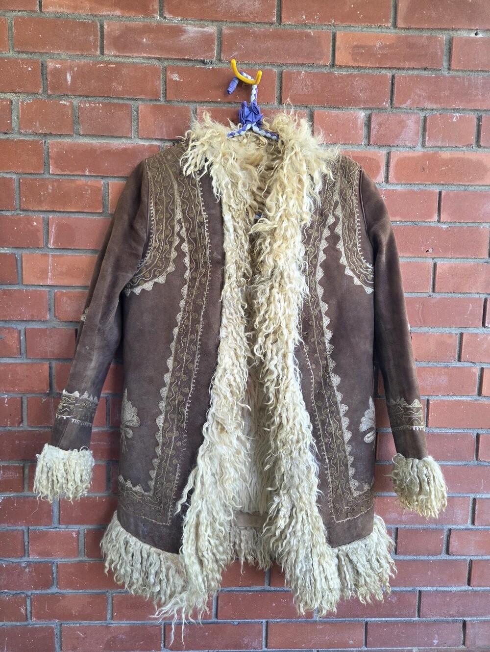 Vintage 1970s Afghan Penny Lane Coat Brown Suede Shearling Boho Jacket womens sm